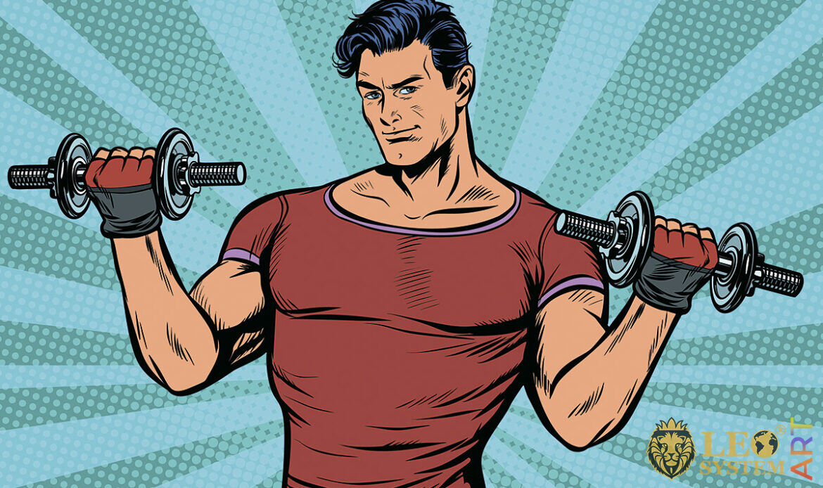 Picture of a sporty man with dumbbells in his hands