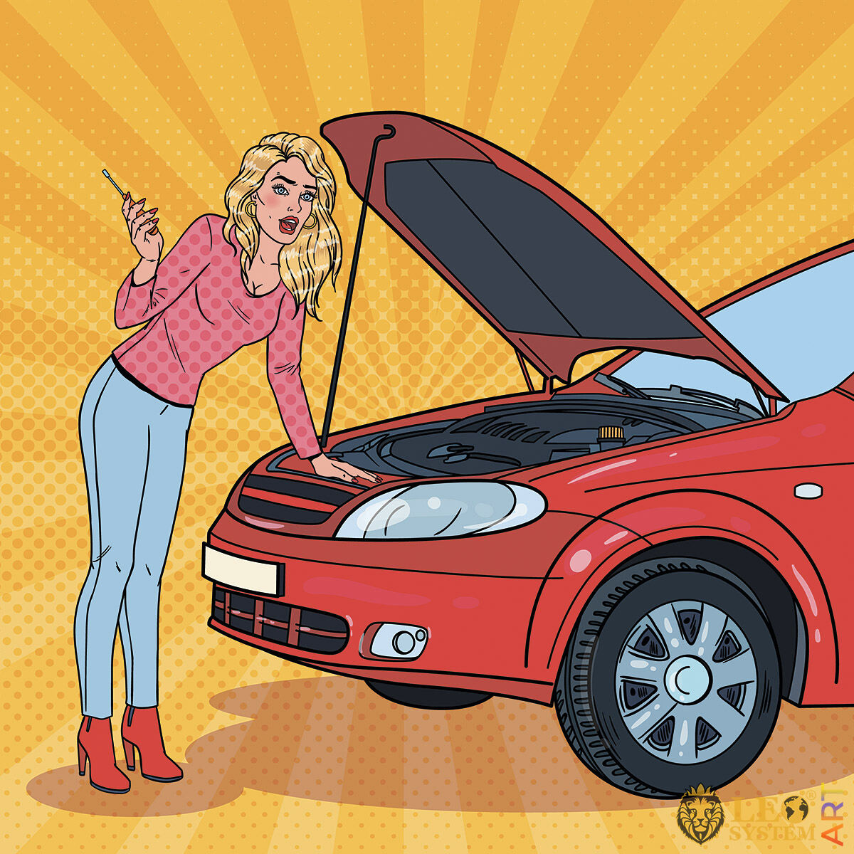 Woman with screwdriver looks under the hood of her car