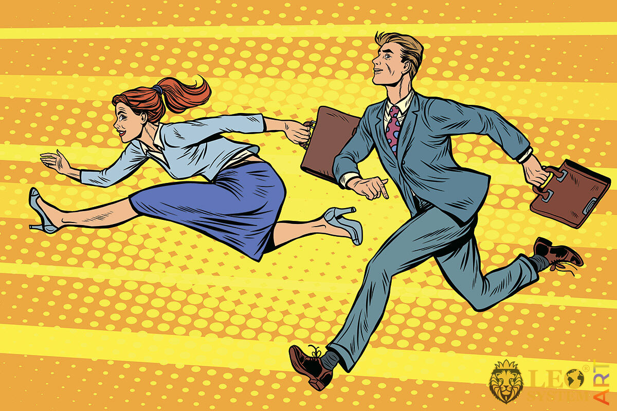 Business man and woman running a race with briefcases