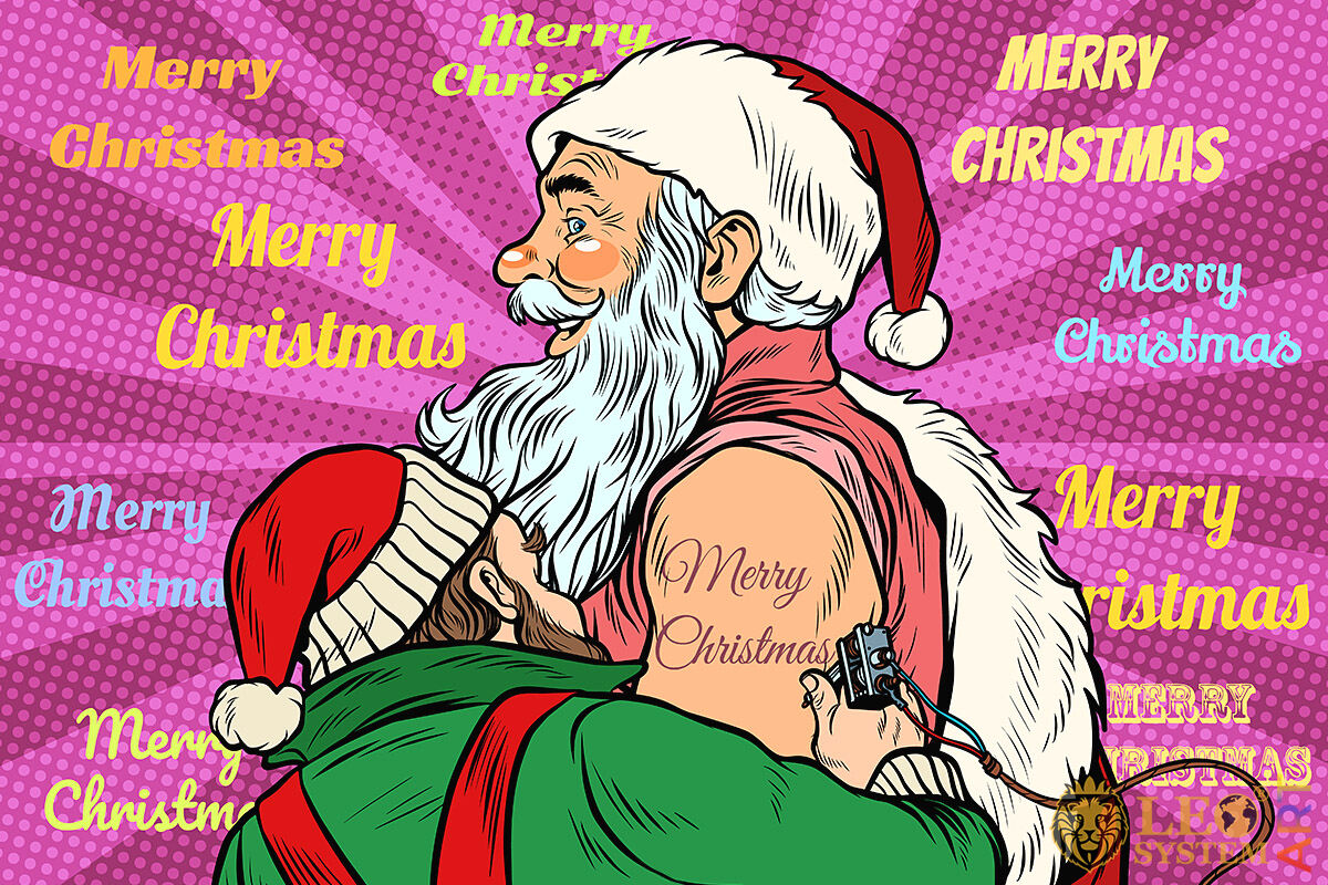 Cheerful Santa Claus with a tattoo on his shoulder in the form of an inscription Merry Christmas