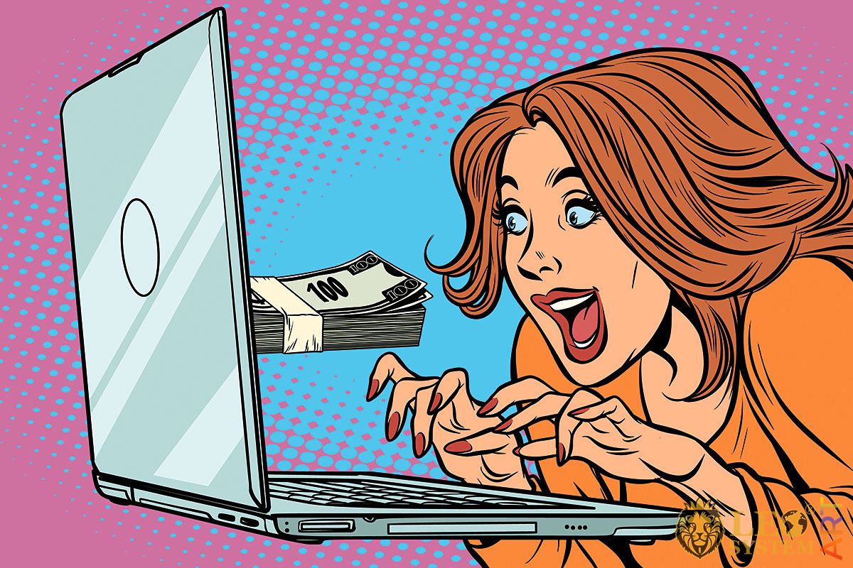 Picture of a surprised woman who saw a wad of money coming out of a laptop monitor