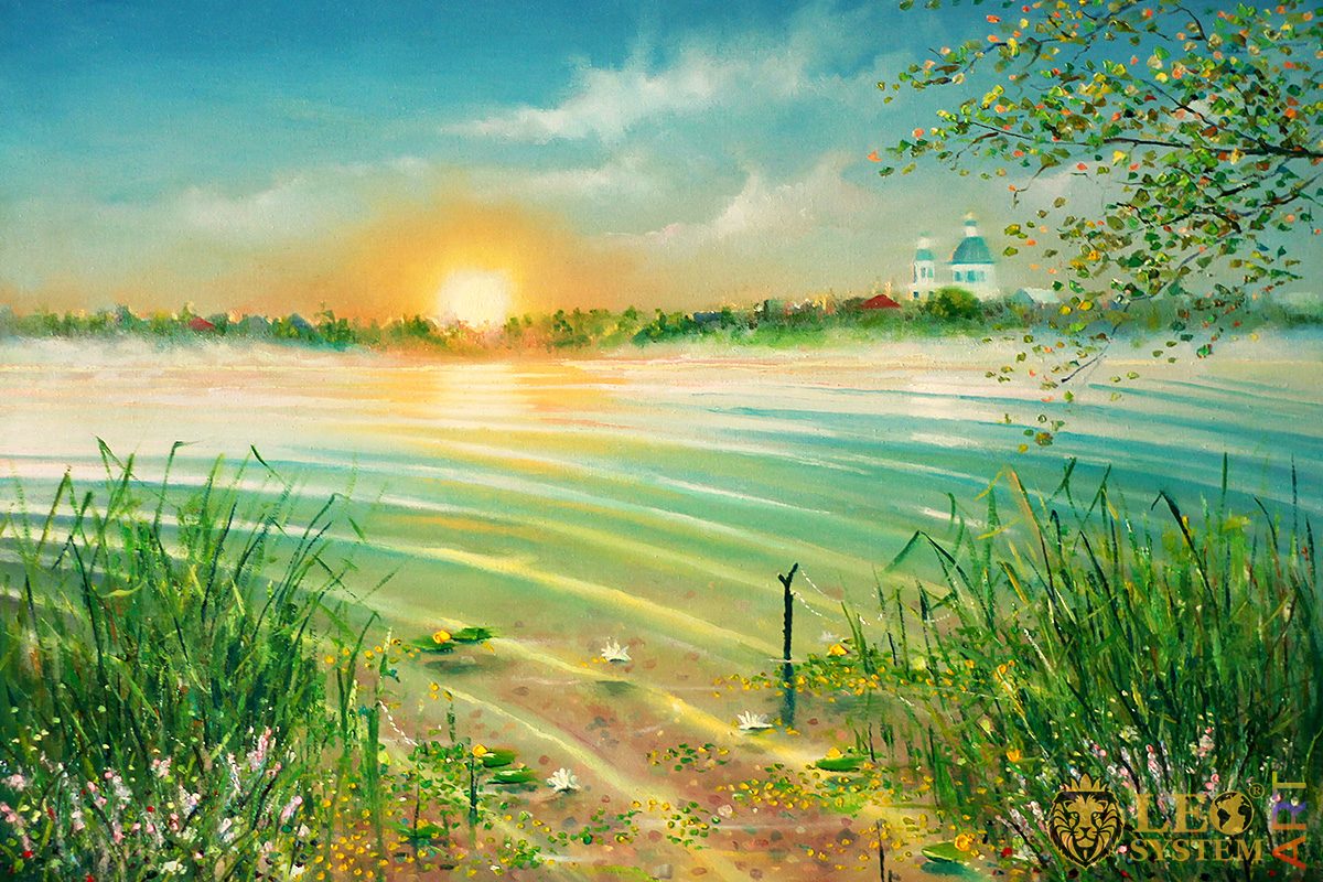 Painting with the dawn of the sun near the lake