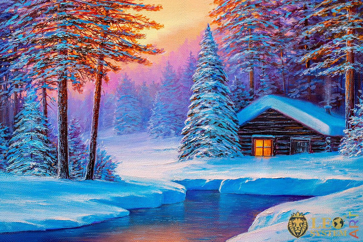 Oil painting with a winter forest landscape about a lake