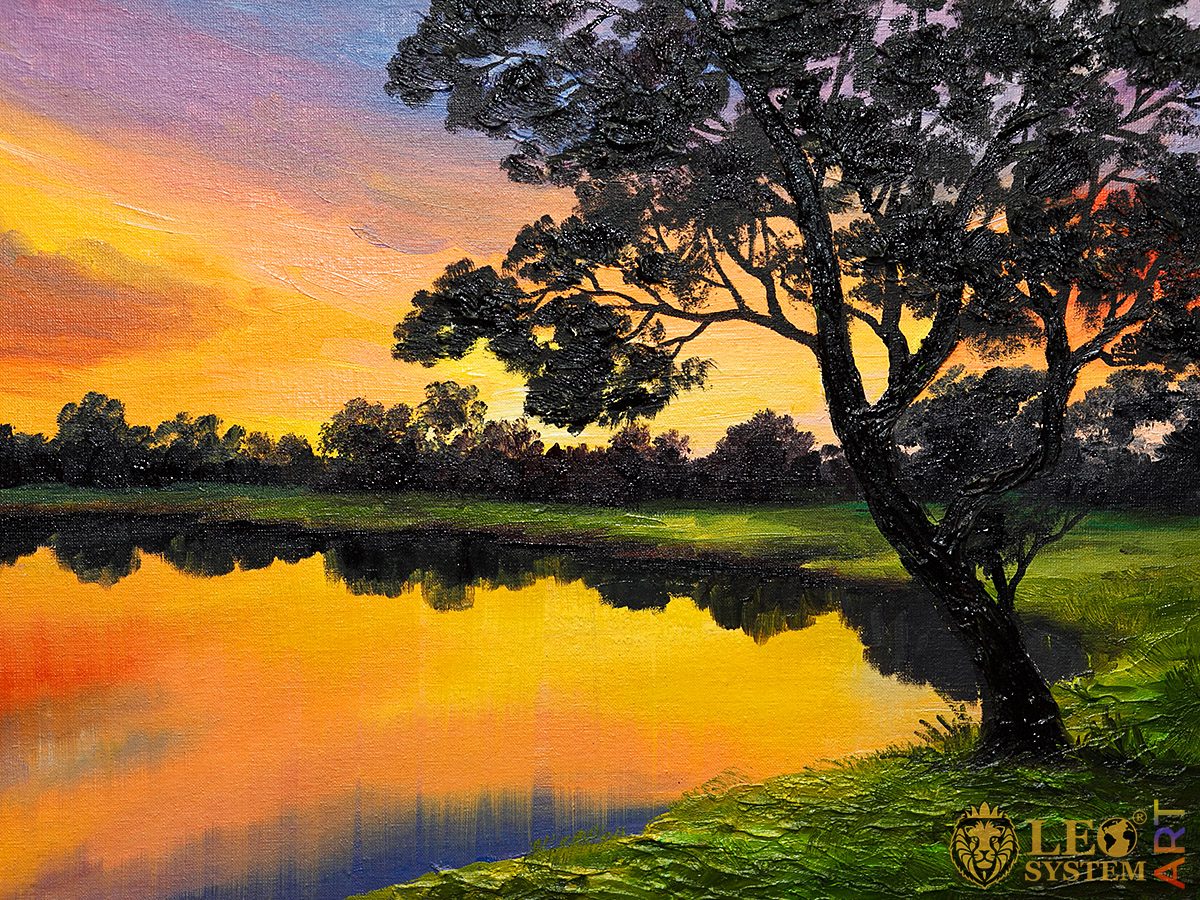 Painting with trees and lake view