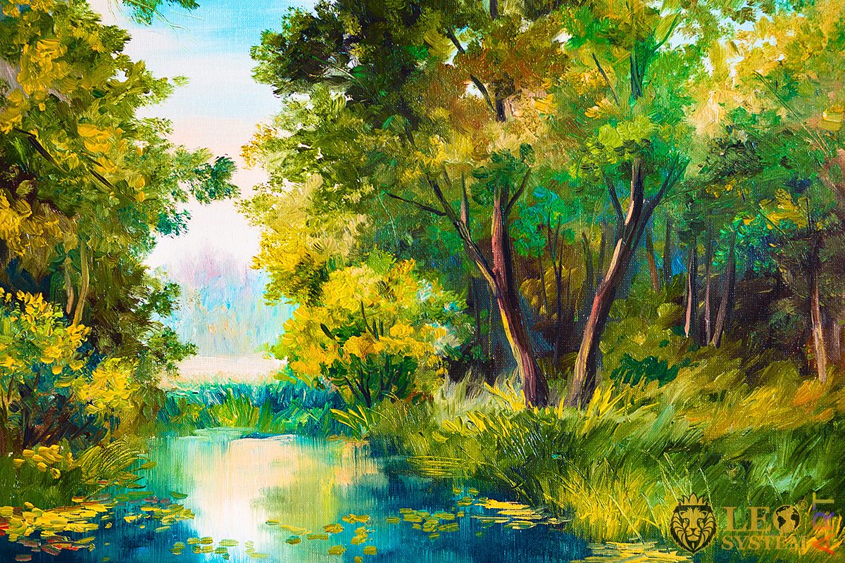 Oil painting with a beautiful lake in the forest