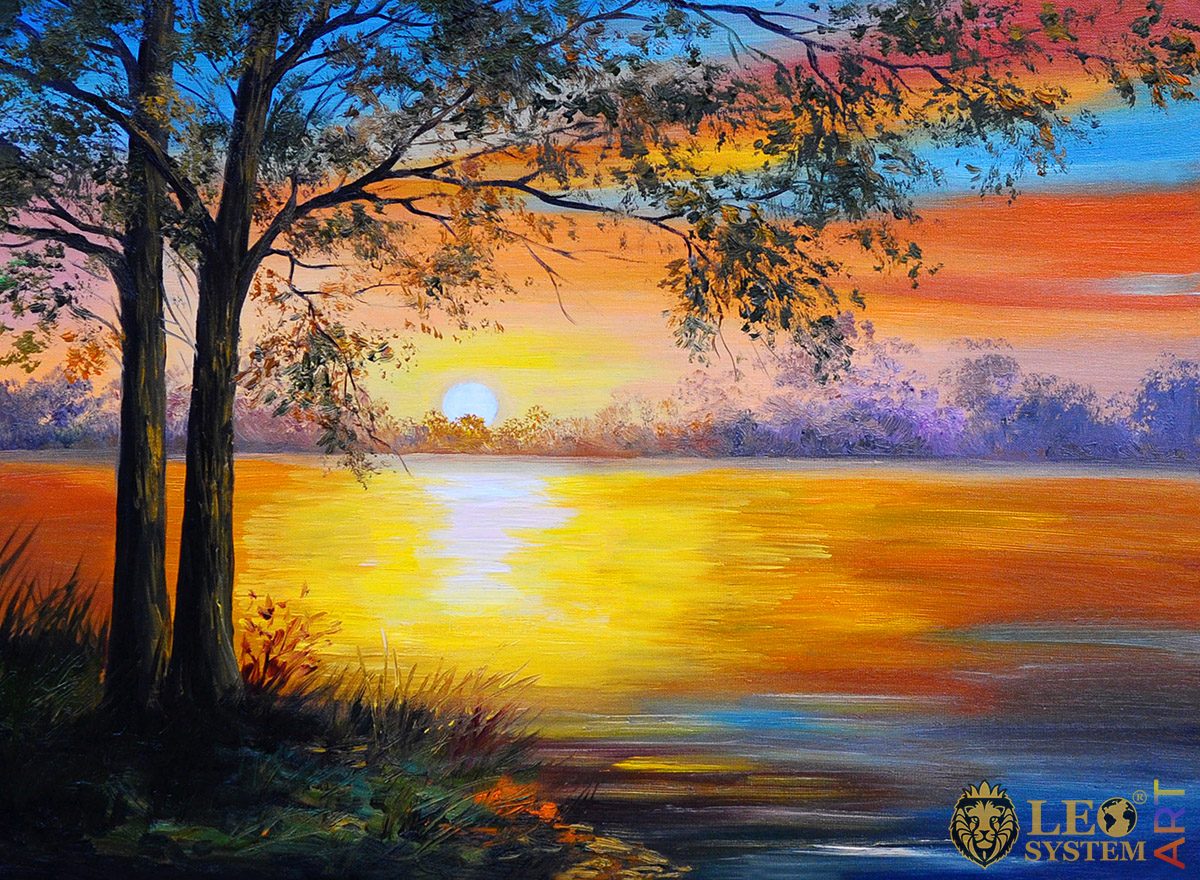 Painting with magnificent sunset and lake view