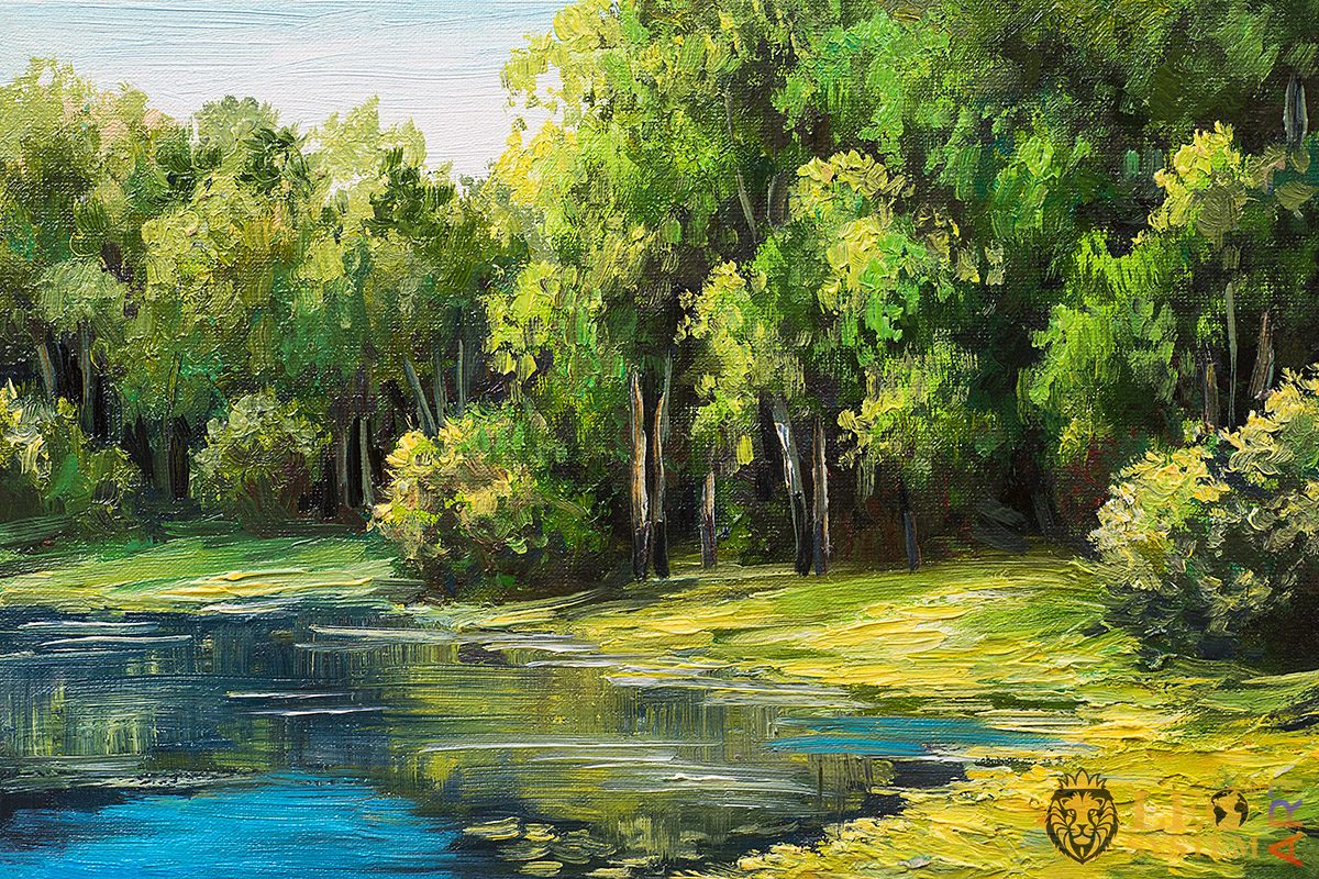 Oil painting with green forest and lake