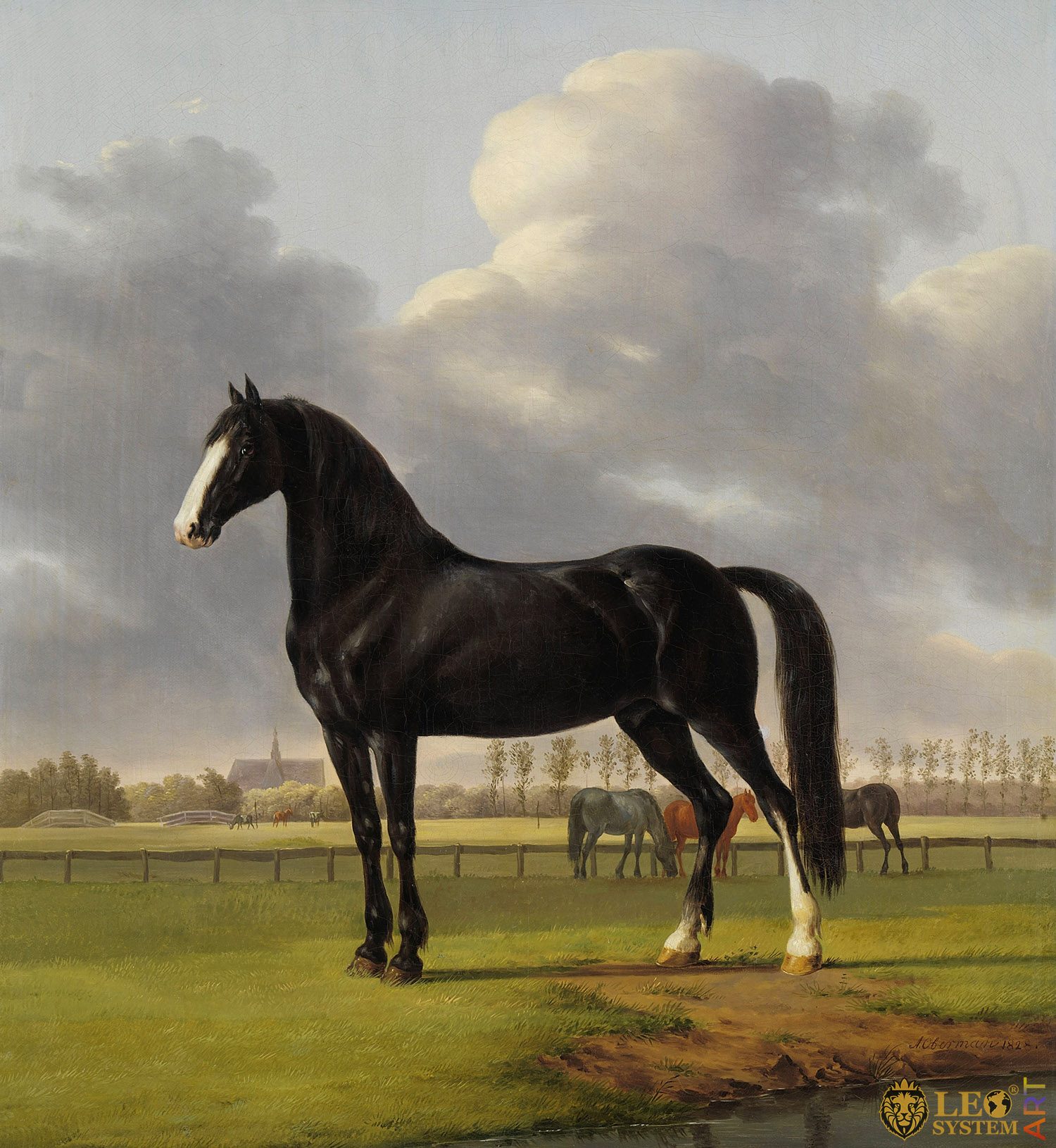 Adriaan van der Hoop’s Trotter ‘De Vlugge’ (The Fast One) in a Meadow, Painter: Anthony Oberman, 1828, Original Painting