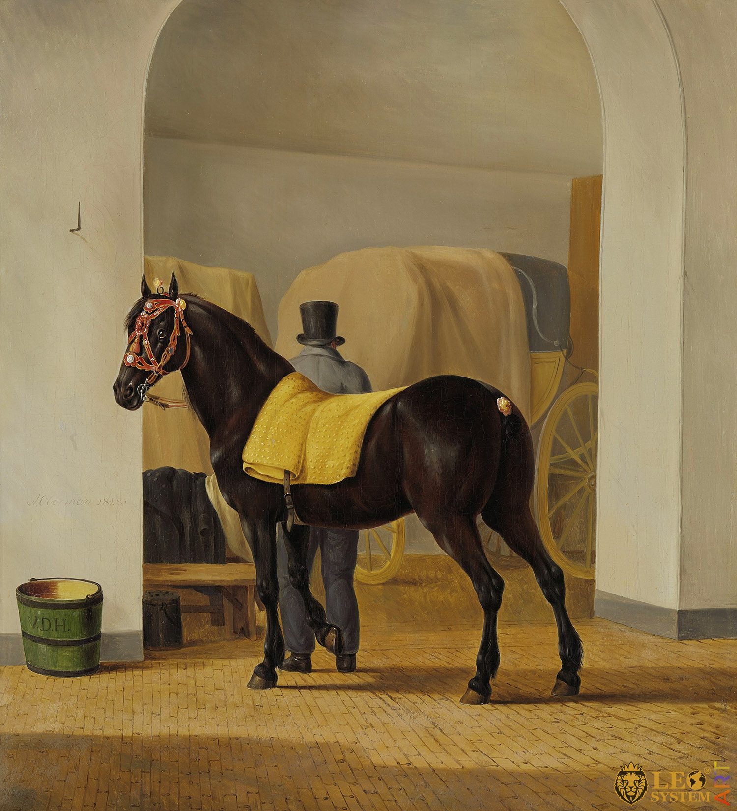 Adriaan van der Hoop’s Trotter ‘De Rot’ at the Coach House, Painter: Anthony Oberman, 1828, Original Painting