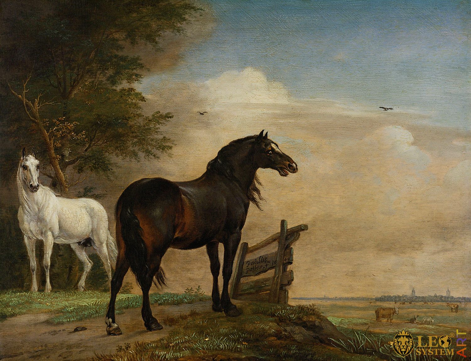 Two Horses in a Meadow Near a Gate, Painter: Paulus Potter, 1649, Original Painting