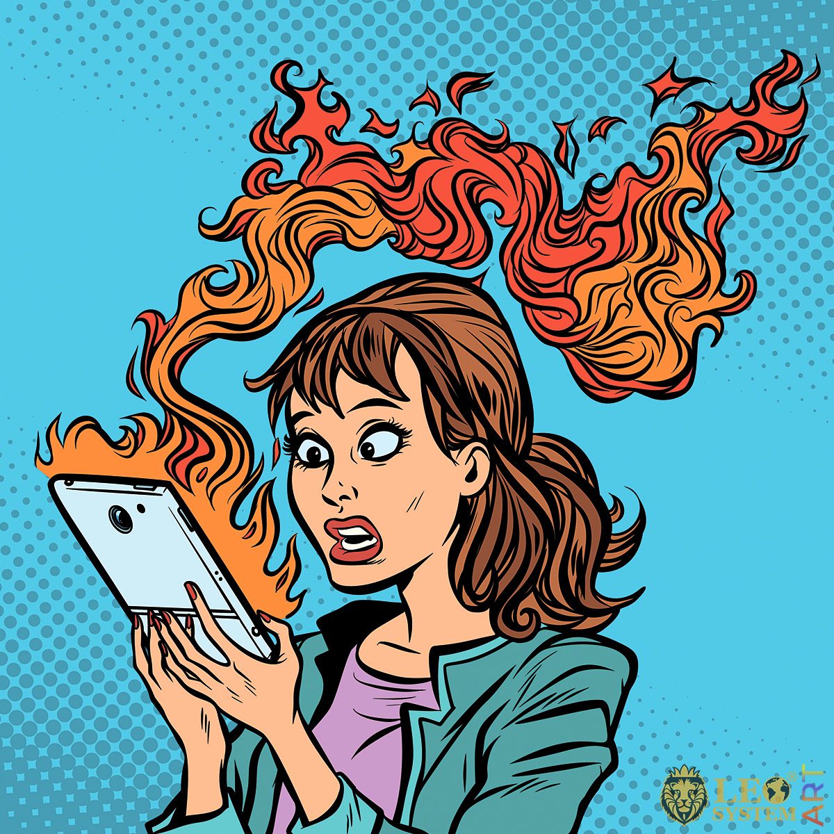 Picture of a girl with a fiery tablet in her hands