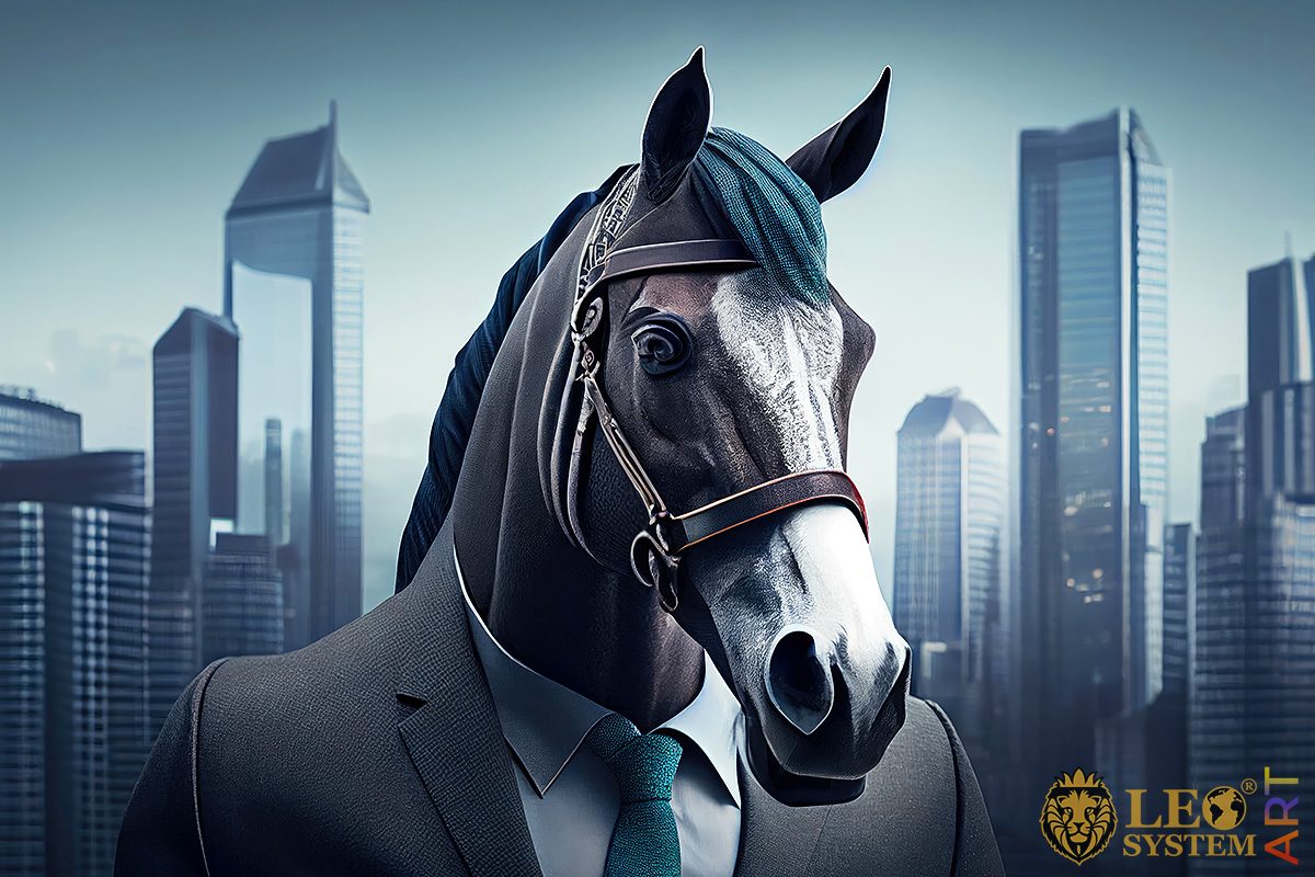 Picture with a businessman in a business suit and with a horse's head