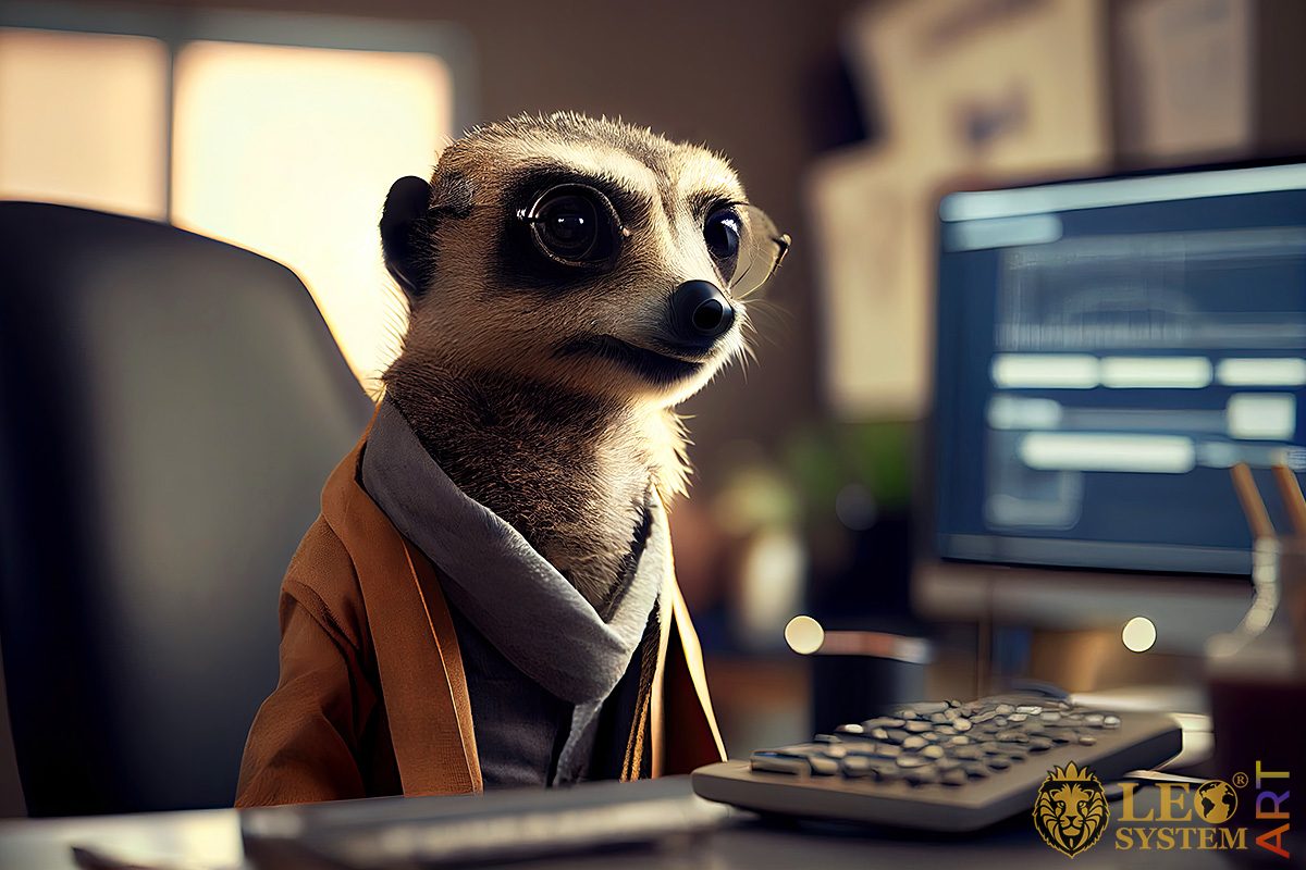 Cheerful meerkat looks into the computer monitor