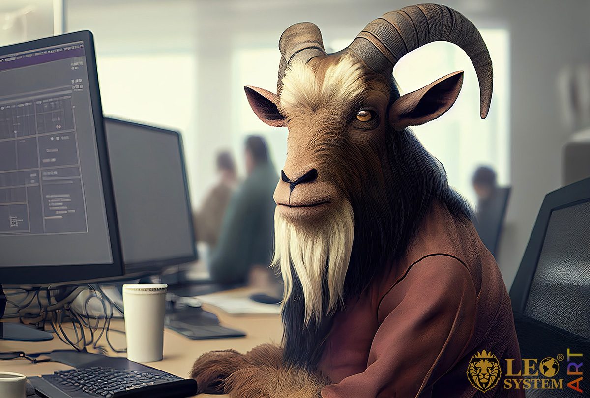 Picture with goat looking at computer