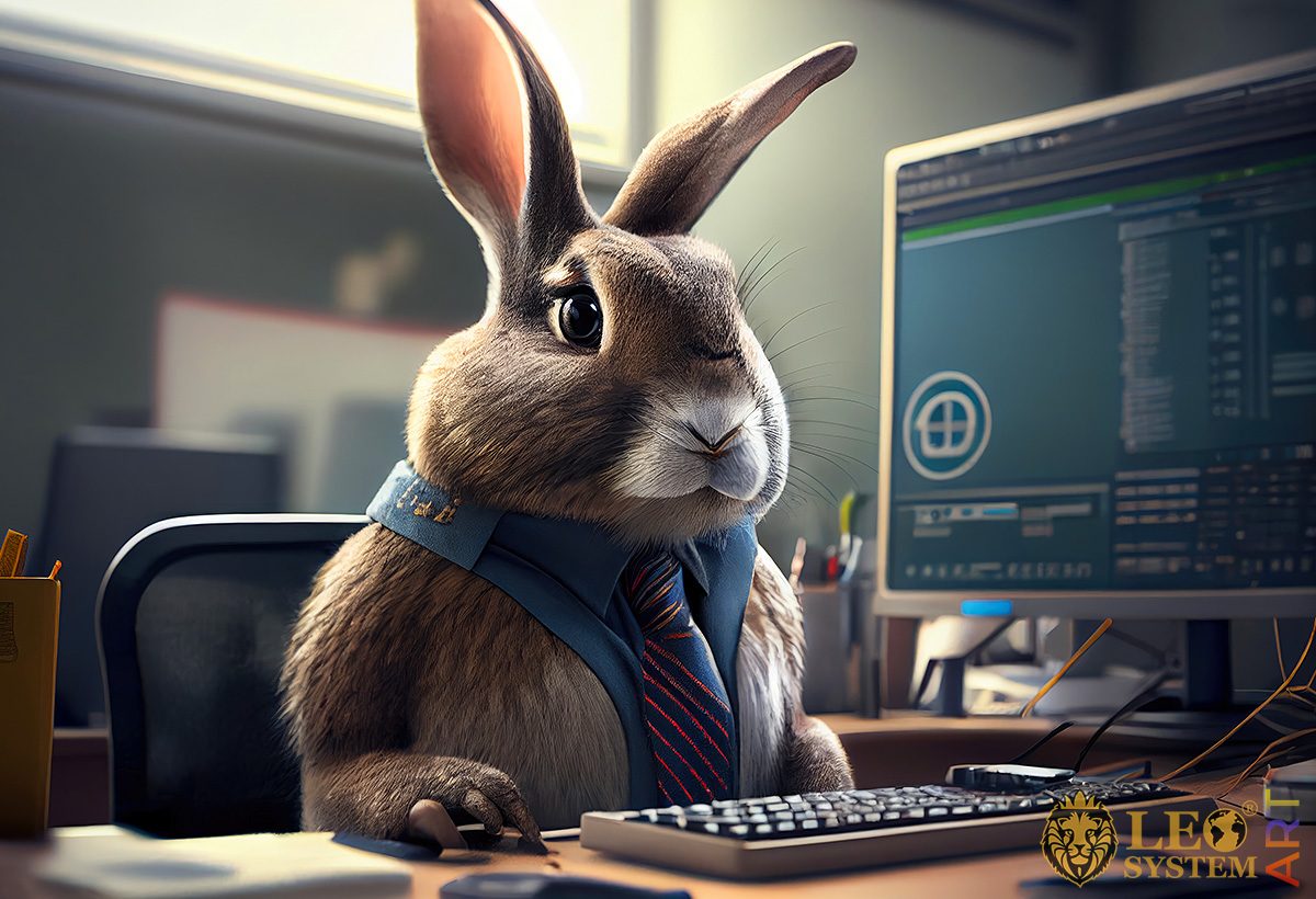 Cute rabbit looks at the big monitor