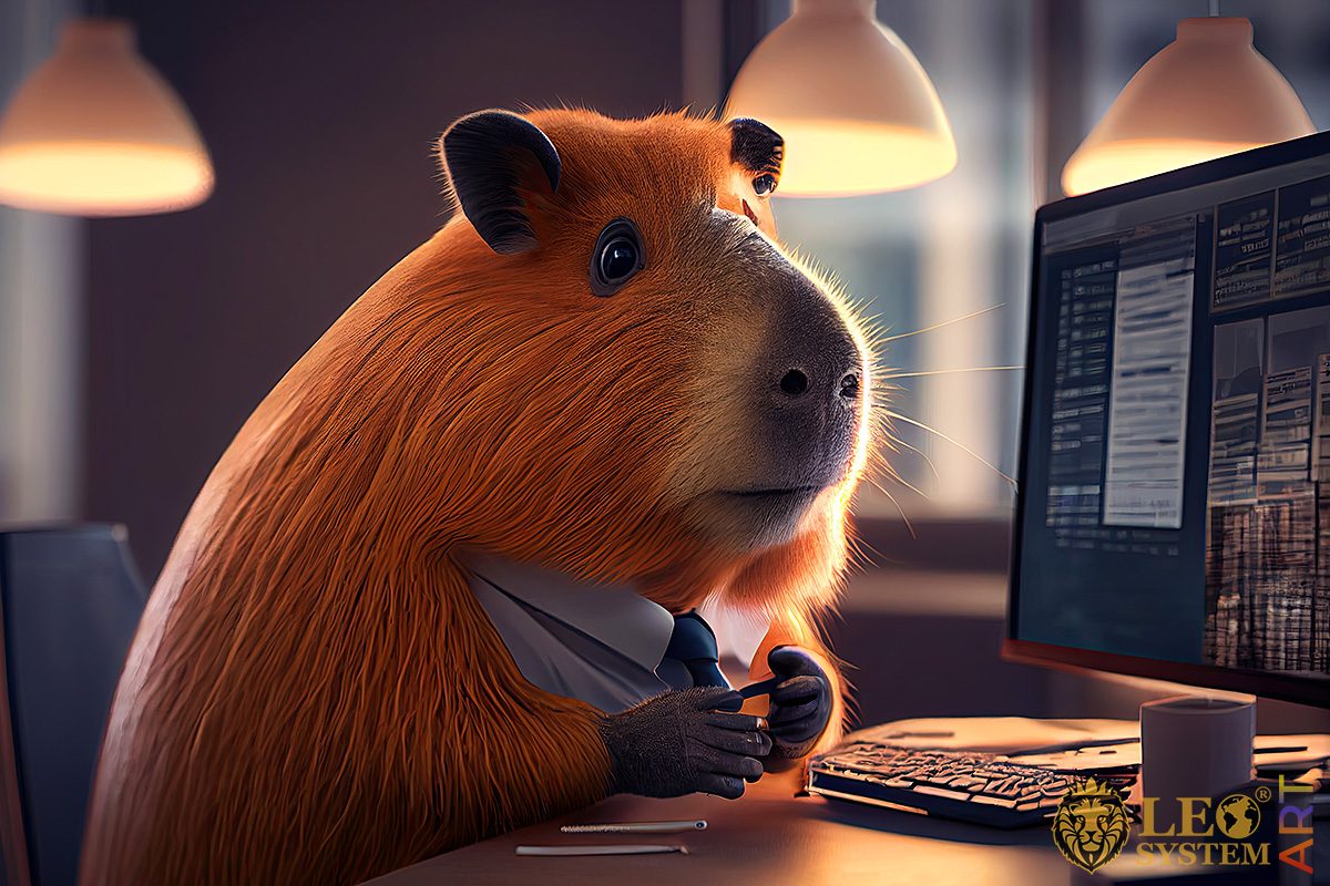 Large capybara sits at a computer monitor