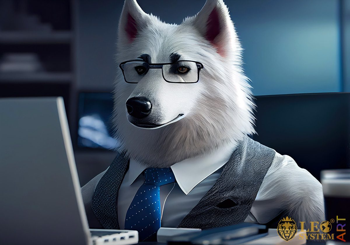 Smart wolf carefully look at the laptop