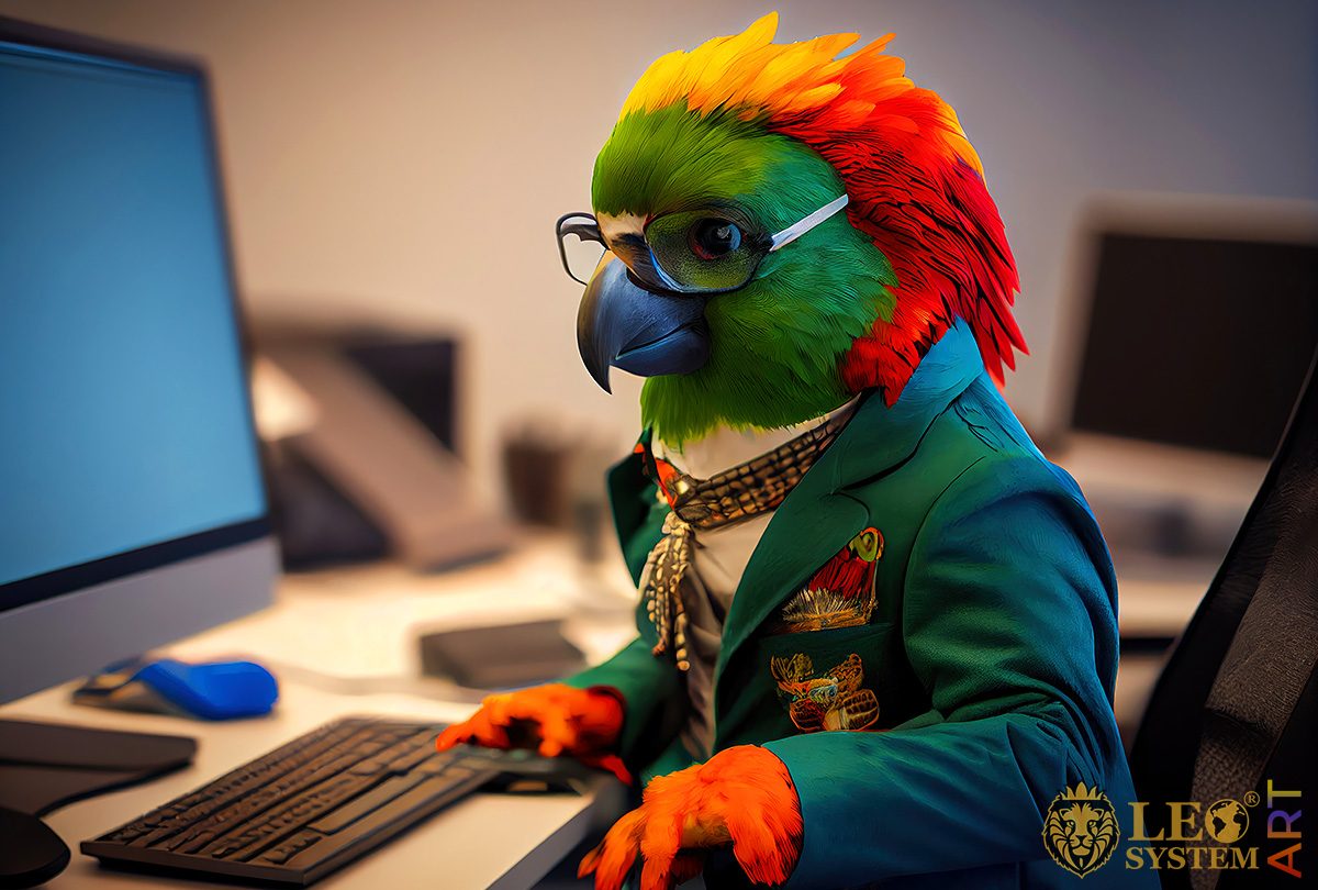 Bright parrot looks into a large monitor