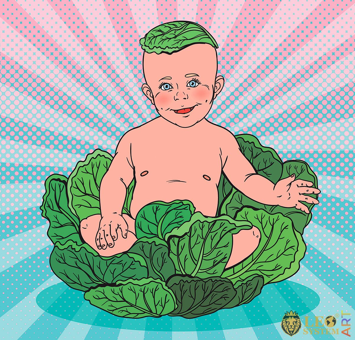Picture with a little boy sitting in a cabbage
