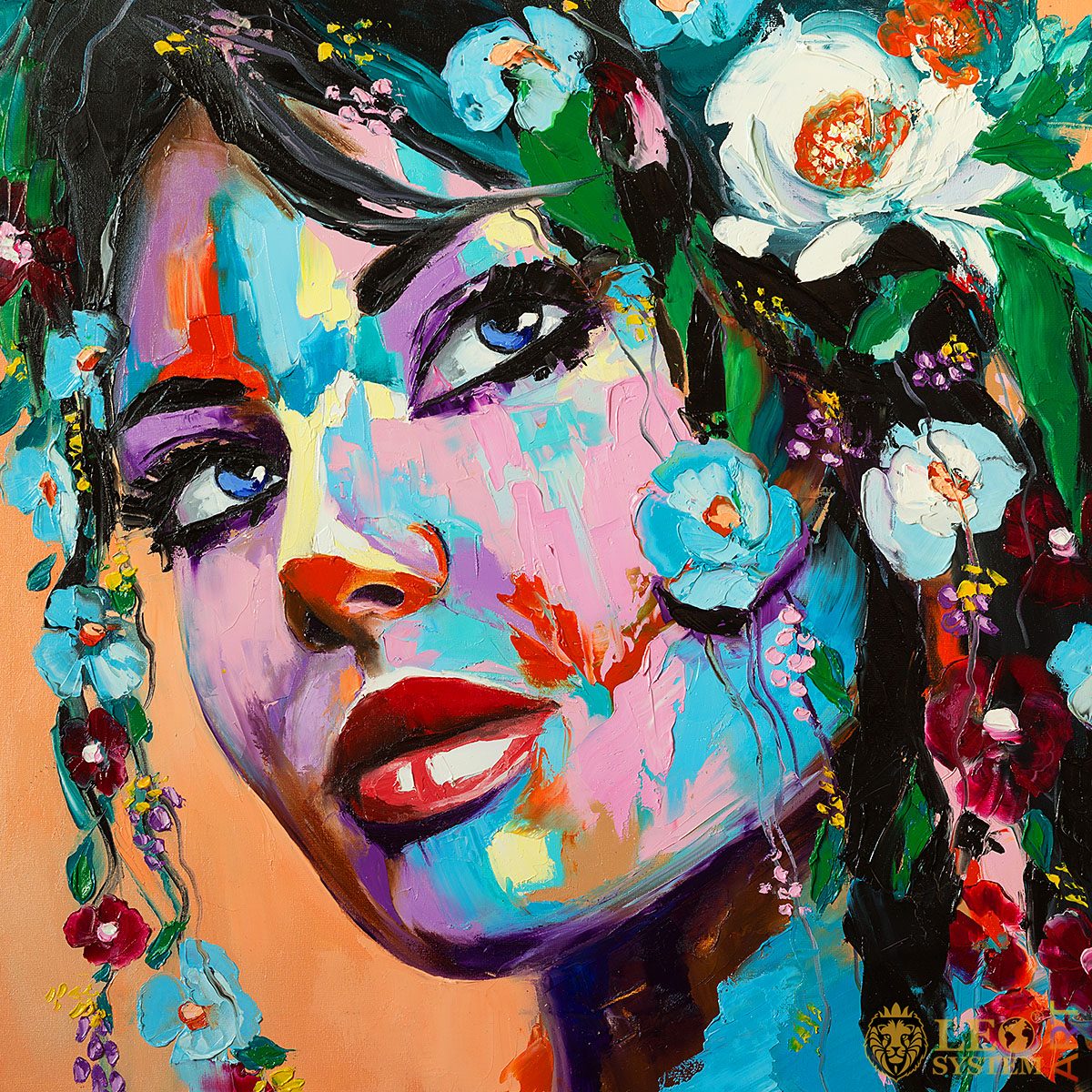 Painting with woman face and flowers