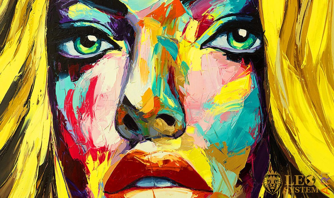 Painting with attractive female face and green eyes