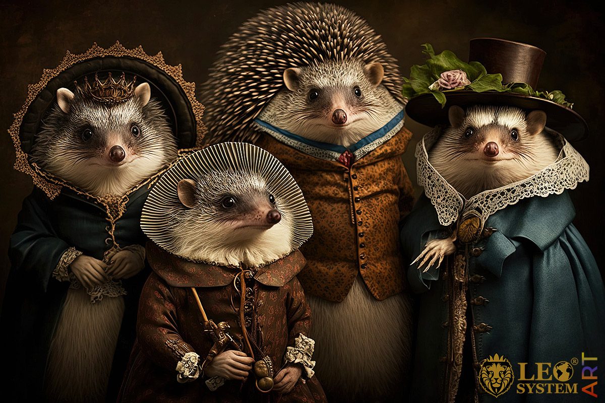Picture with wonderful hedgehogs in human clothes