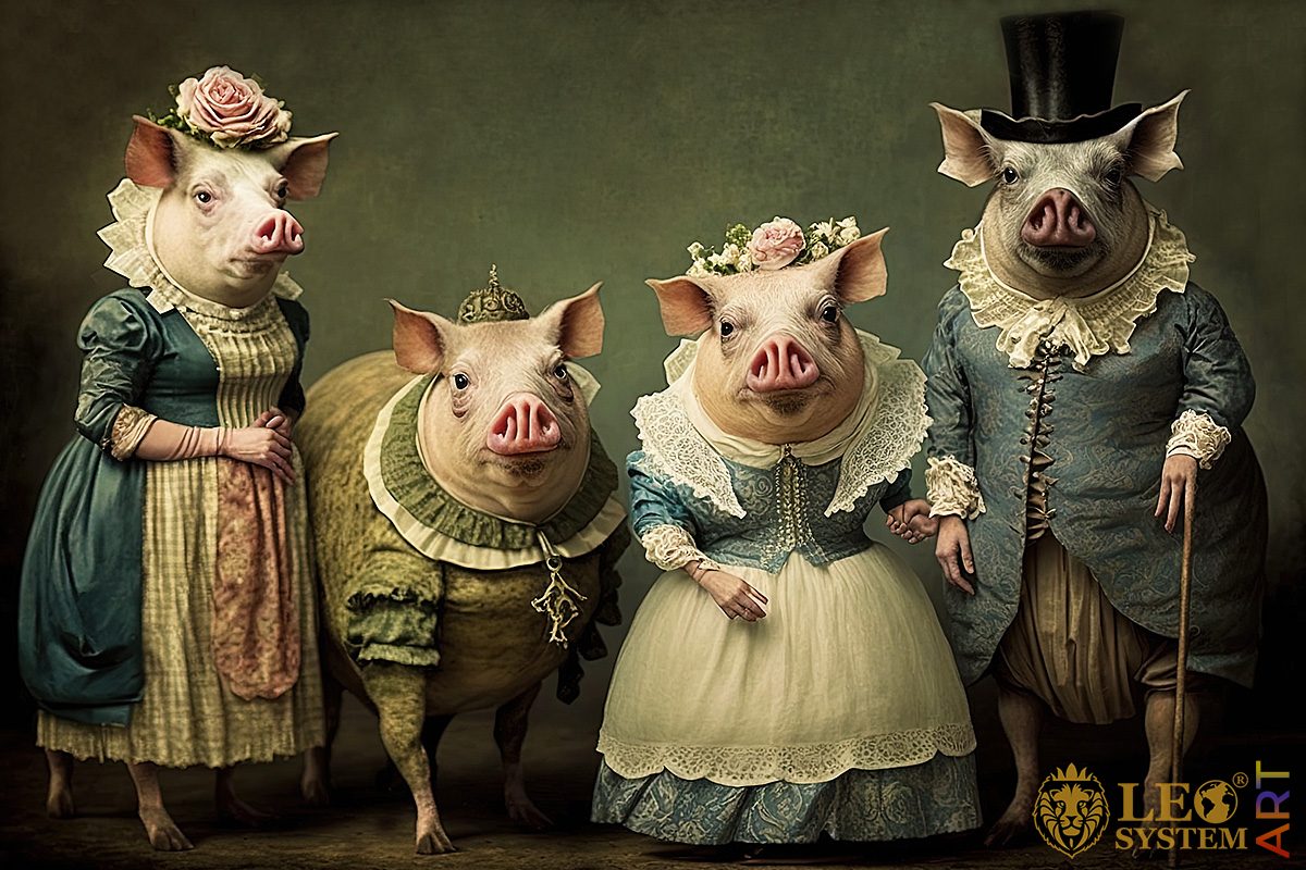 Funny pigs in human costumes