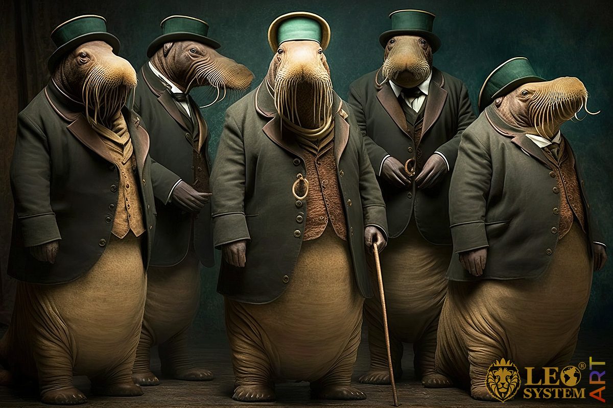 Gorgeous walruses in green suits