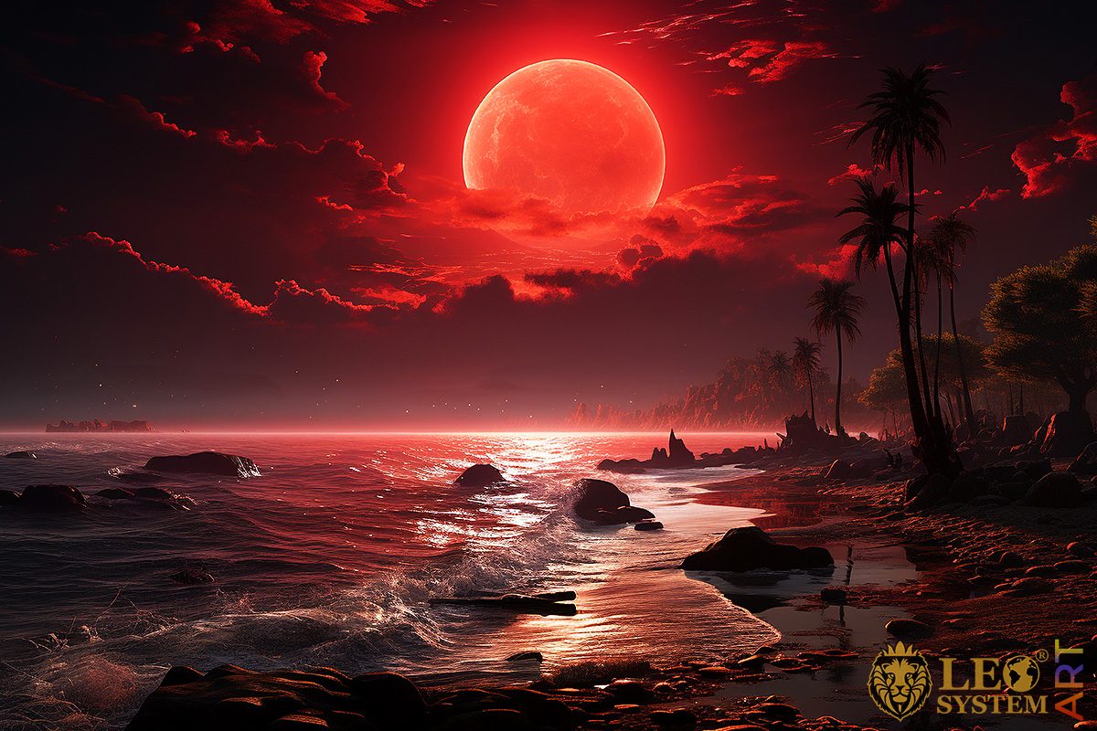 Spectacular red moon over the sea