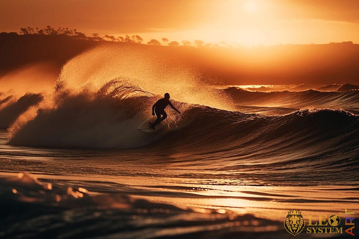 Amazing picture of a surfer on the waves at sunset