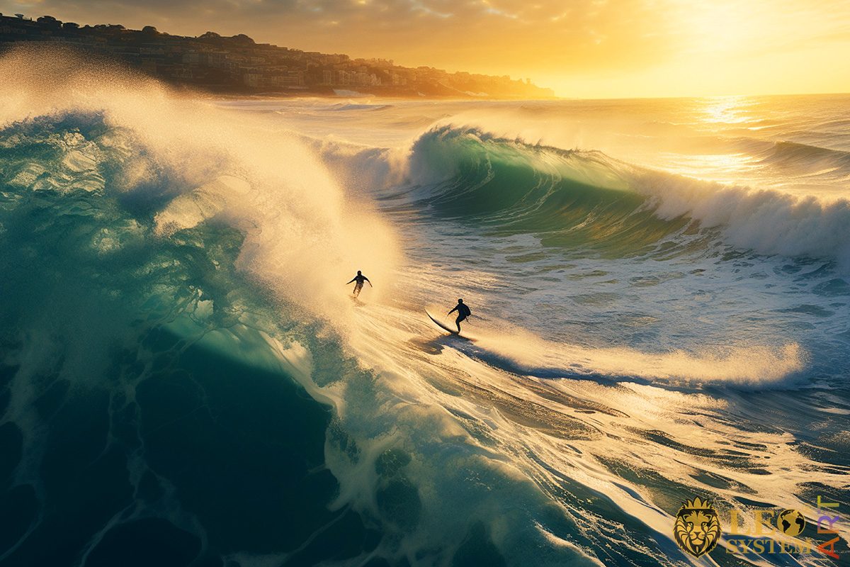 Two surfers on the waves at sunset