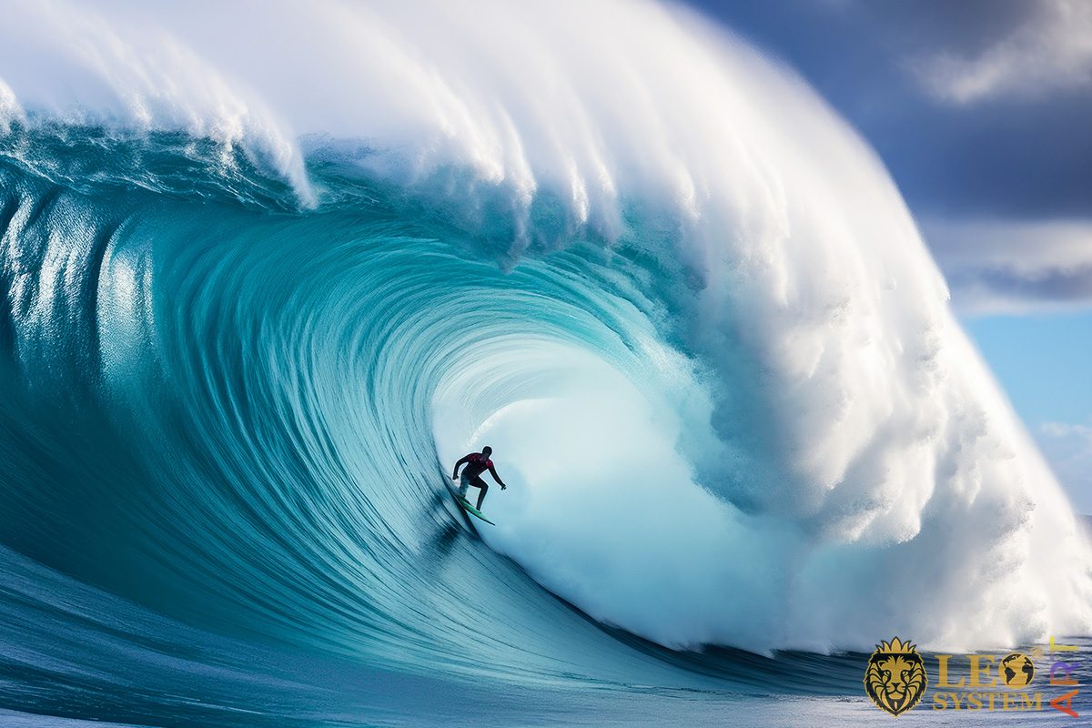 Picture of a huge wave covering a surfer
